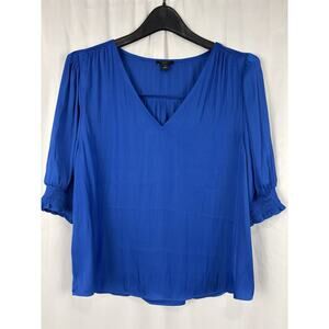 Anne Taylor Royal Blue Silky V-Neck Blouse Short Sleeve Size Large Petite